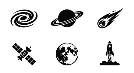 Space elements including galaxy planet comet satellite moon and rocket in black © MdNirob