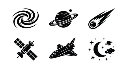 Space elements including galaxy planet comet satellite moon and rocket in black © MdNirob