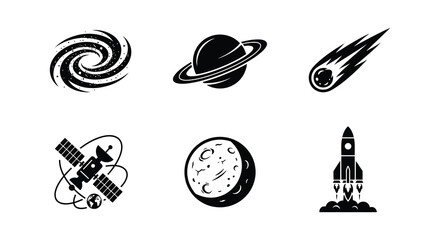 Space elements including galaxy planet comet satellite moon and rocket in black © MdNirob