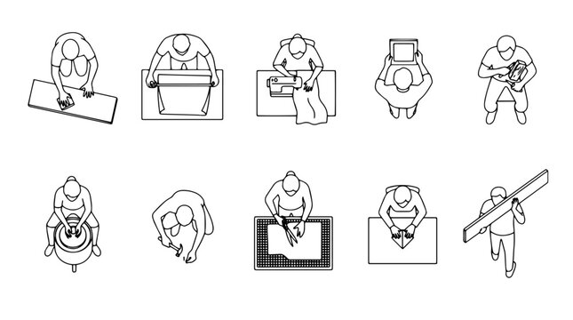 Top view line art vector set of artisans, tailors measuring fabric, sewing, crafting pottery, and woodworking