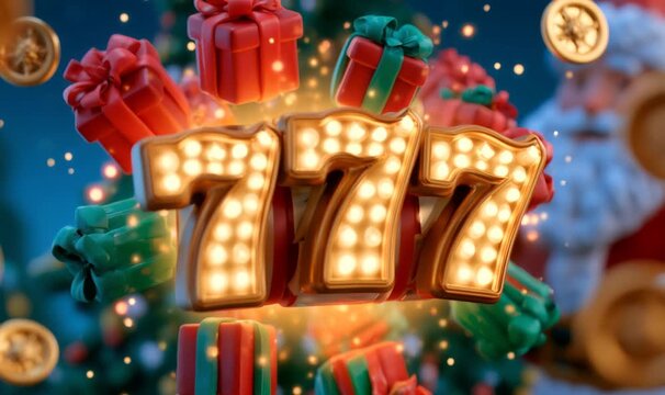 Festive holiday celebration with a glowing 777 lucky number, floating gifts, and gold coins. Santa claus smiles in the background