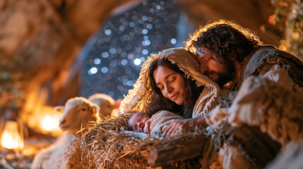 Obraz premium Reverent Nativity scene in ancient Bethlehem with Mary, Joseph and newborn Jesus Christ gathered around a wooden manger, soft straw beneath the baby, gentle sheep positioned peacefully beside the Ho