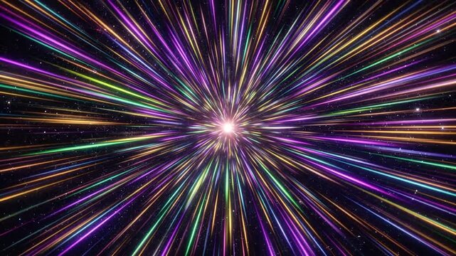 Glowing neon light streaks warp speed hyperspace tunnel in deep space