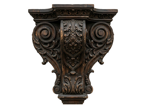 Ornate antique wooden corbel with intricate floral carvings isolated on transparent background