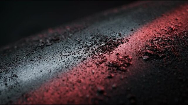 Graphite brake dust, Automotive materials background using soft charcoal particulate embedded in satin graphite texture, muted red edge illumination,