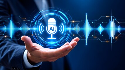 Obraz premium Hand Holding Holographic Microphone Icon With Glowing Blue Sound Wave Frequency Symbolizing AI Voice Recognition Technology