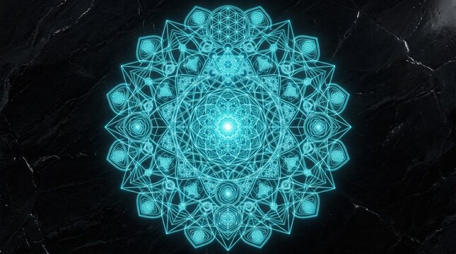 Glowing cyan blue neon mandala pattern on black stone, intricate geometric sacred art design, spiritual cyan mandala wallpaper for background