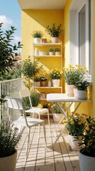 Fototapeta premium Bright yellow balcony with white furniture, many potted plants. Modern terrace design features small table, chairs, shelves with flowers. Sunny summer day at apartment home with green leaves, wood