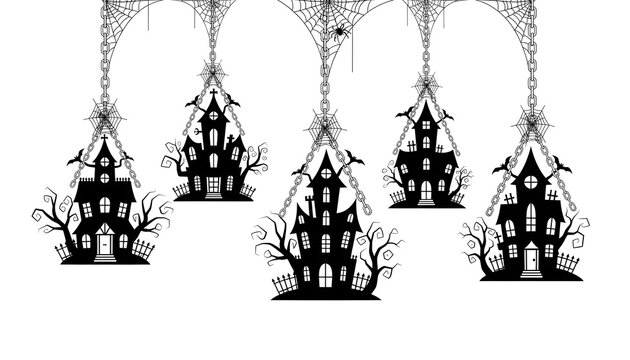 Black Spooky Halloween Haunted House Silhouette Hanging On Metal Chain Covered In Spider Web