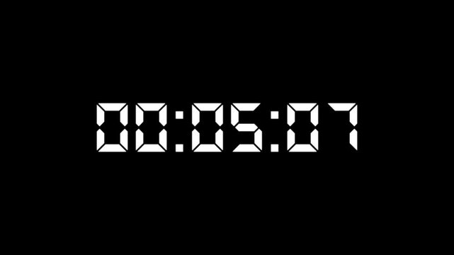 One minute digital countdown timer animation, digital stopwatch count up with minute, milliseconds from 0 to 60 seconds on transparent background,