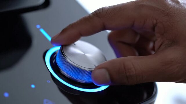 Person adjusting futuristic metallic volume control knob with glowing blue led light on modern electronic device