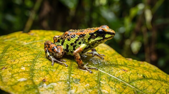 Colorful poison dart frog resting on a rain-soaked leaf in a tropical rainforest habitat
