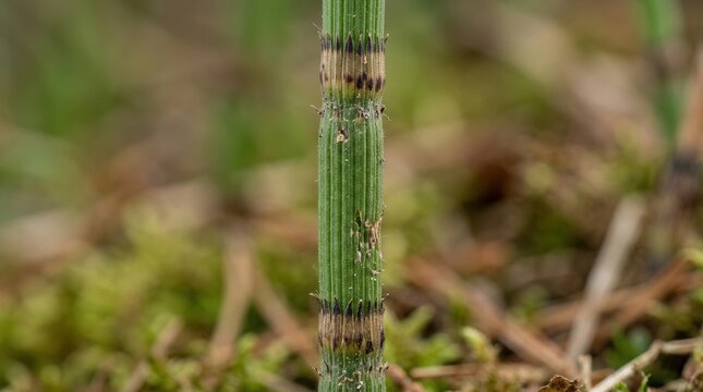 Macro horsetail plant stem in forest ground, detailed green field horsetail, wild equisetum arvense in nature background