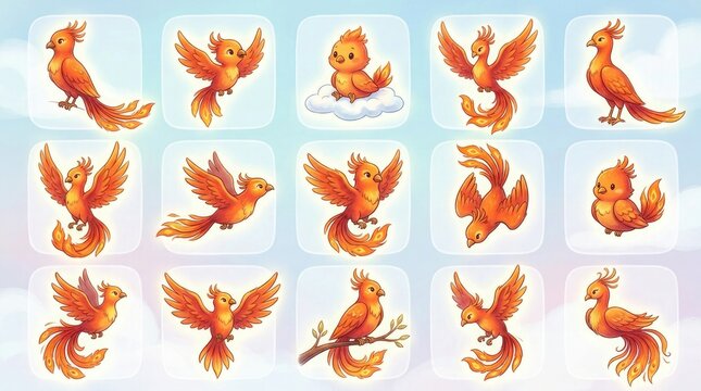 Collection of vibrant red and gold phoenix illustrations in various dynamic poses