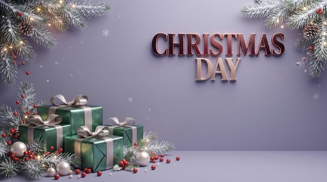 Christmas Day lettering with gifts and festive decorations 3d rendering