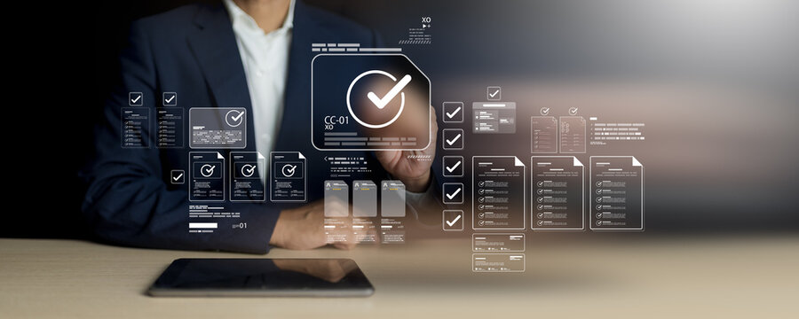 Utilizing advanced laptop corporate management performs comprehensive digital document review executing rigorous certification verification securing business quality approval