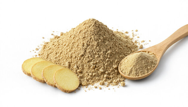 Pile of organic ground ginger powder with fresh sliced ginger root and a wooden spoon