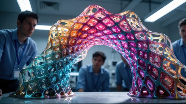 Engineer team studies complex 3D printed model in high tech lab. Diverse male specialists analyze colorful lattice structure using finite element analysis. Researchers examine advanced additive