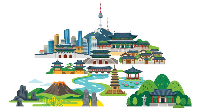 Seoul landmarks illustration showcases famous South Korean historic palaces, modern towers, and scenic mountains.