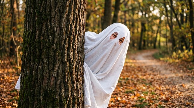 Person in a white sheet costume peeking through a tree in an autumn forest