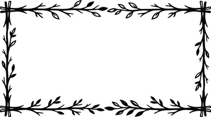 Fototapeta premium Rustic twig branch border displays hand drawn wooden sticks and small leaves arranged in rectangular frame for natural organic product packaging and craft design.