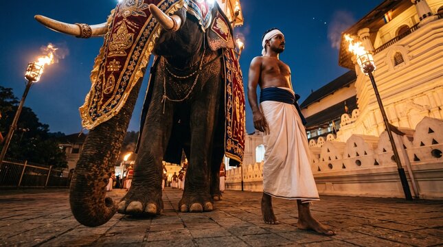 Man leads decorated elephant with torches at night near a temple