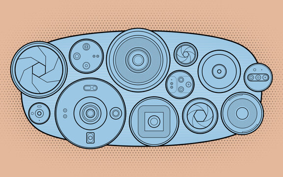 Retro pop art banner with camera lens set on peach background