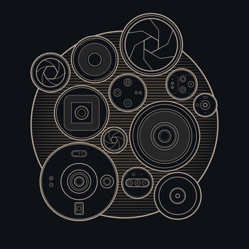 Elegant dark photography design with beige linear lens shapes