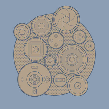Dusty blue and sand smartphone camera modules in circular cluster