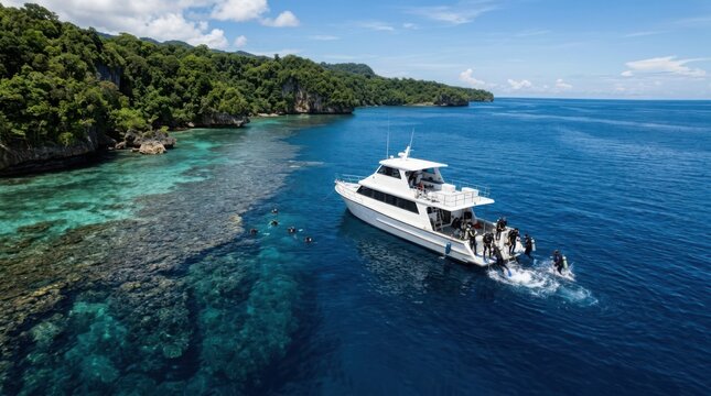 Luxury diving yacht exploring pristine tropical island coastline with divers preparing for adventure
