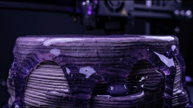 Liquid ceramic glaze, Additive manufacturing background featuring glossy translucent ceramic glaze pooling across an abstract plane, muted violet illu