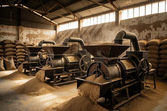 Industrial rice dehusking machines work inside large grain processing plant. Old metal equipment mills paddy grain into white rice with dust in air. Sacks of harvest pile up near factory machinery in