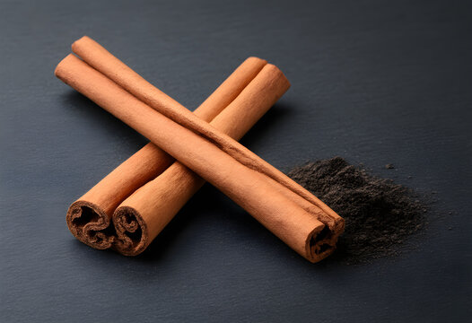 Cinnamon sticks and ground powder on dark background