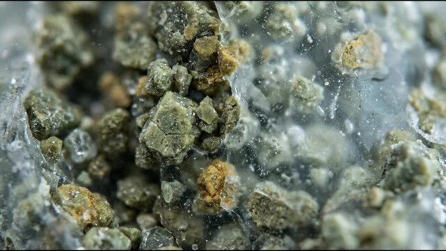 Lithium phosphate matrix, Energy materials background composed of muted olive mineral particles within a translucent matrix, cool neutral illumination