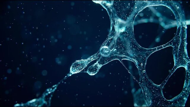 Luminous biofilm droplets, microscopic translucent membranes suspended across a dark sapphire field, electric teal and deep indigo palette, wet gelati