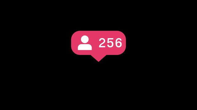 A bright pink social media badges with a user profile icon and a rising number counter appearing on a dark backdrop, symbolizing new followers, audience growths, and online community events.