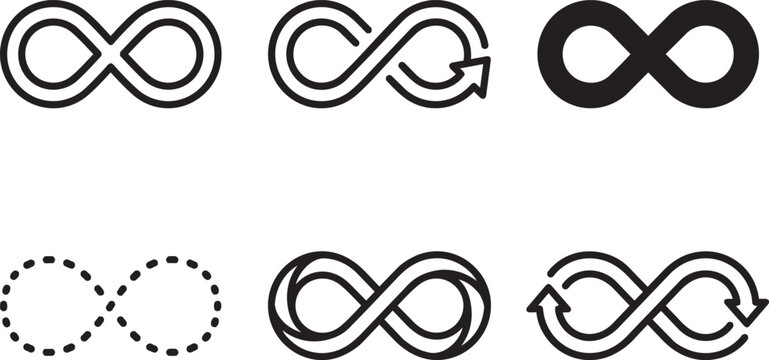 Set of infinity symbols in different styles, including outline, solid, dotted, and arrow variations for design use