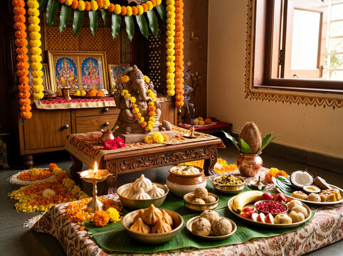 Ganesha Puja Altar With Offerings and Floral Decorations for Ganesh Chaturthi Festival Prayer