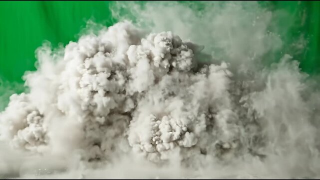 Matte white chalk dust erupting forcefully against a pure chroma green backdrop creating a harsh granular cloud with dramatic shadow falloff.