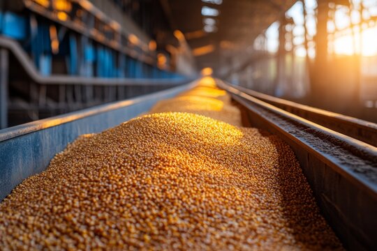 selective focus cattle feed production line with grains being mixed into pellets