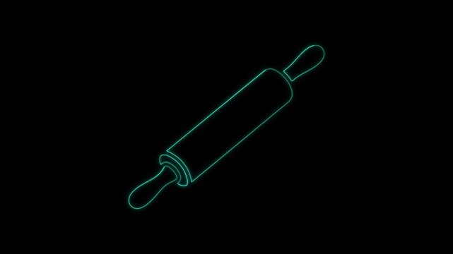 Neon glowing rolling pin icon, blue light animation, dark background, baking concept