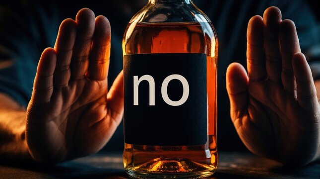 Man shows stop gesture with hands against alcohol bottle. Person rejects booze to fight addiction, start sober life. Hand motion denies drinking liquor, promoting health, alcohol detox. Concept of