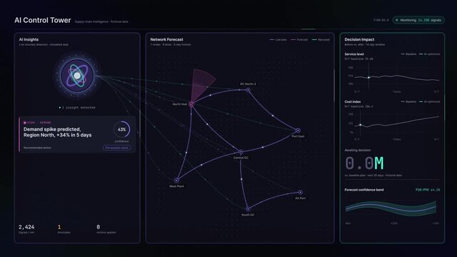 Futuristic AI Supply Chain Control Tower with Intelligent Alerts and Recommended Actions Featuring a Dark-Mode Interface and Luminous Glassmorphic Panels.