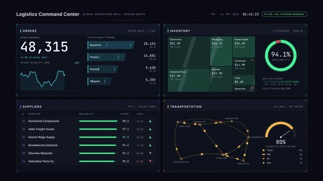 A sophisticated enterprise logistics command center wall display featuring real-time tracking of orders, inventory, suppliers, and transportation with a dark-mode interface and vibrant accents.