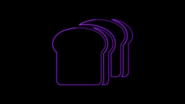Neon bread slices icon animation, purple glowing food sign, dark background graphic video