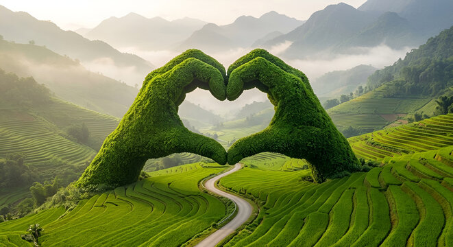 A conceptual landscape image of green mountains and terraced fields shaped like a hand heart over a winding road, symbolizing environmental sustainability, eco-tourism, and love for nature.