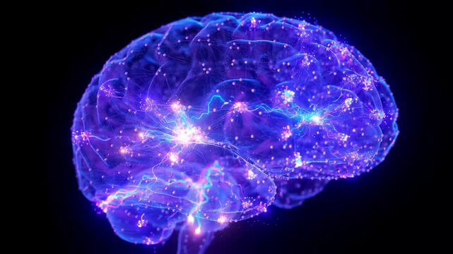 Glowing human brain silhouette formed by thousands of tiny blue and violet neural nodes with firing neuron light bursts spreading across regions on pure black background