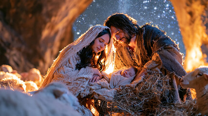 Fototapeta premium Beautiful Christmas Nativity scene featuring Mary and Joseph gathered closely around sleeping baby Jesus in a simple manger, peaceful sheep lying on straw around them, ancient Bethlehem stable openi