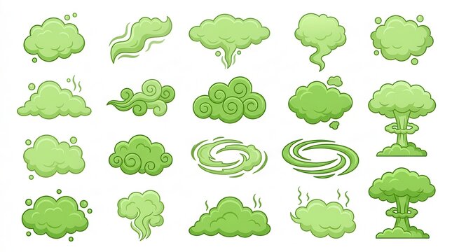 Set of Green Cartoon Smoke and Gas Clouds, Toxic Bad Smell and Fart Effects Vector Illustration Isolated on White Background