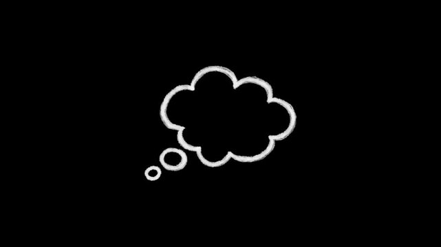 A classic white outline thought bubble forming with small trailing circles on a dark screen, perfectly illustrating human imagination, creative brainstorming, and mental processing concepts.